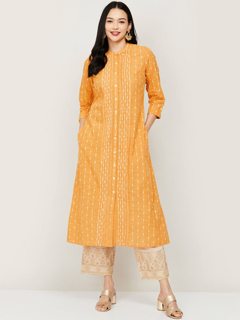 

Melange by Lifestyle Women Yellow & White Striped Thread Work Kurta