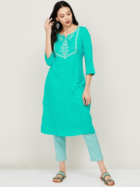 

Melange by Lifestyle Women Green Geometric Yoke Design Cotton Kurta