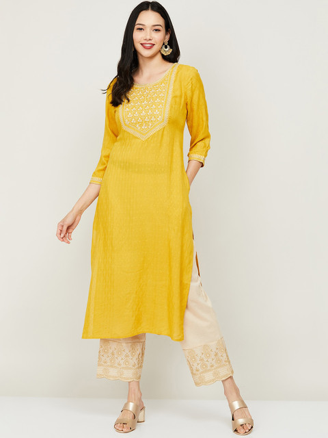 

Melange by Lifestyle Women Yellow Ethnic Motifs Yoke Design Thread Work Kurta