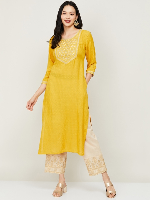 

Melange by Lifestyle Women Yellow Ethnic Motifs Yoke Design Thread Work Kurta