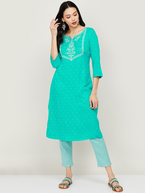 

Melange by Lifestyle Women Green Keyhole Neck Thread Work Kurta