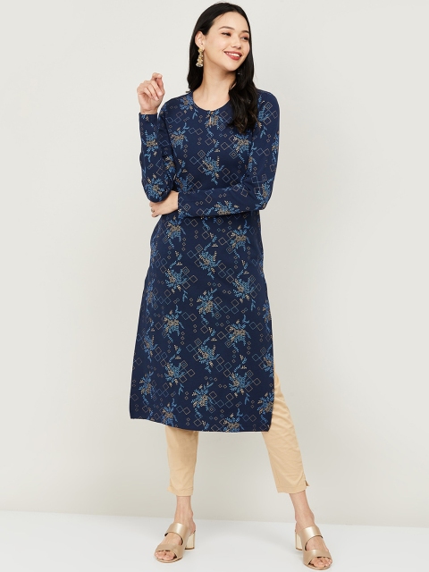 

Melange by Lifestyle Women Navy Blue & Yellow Floral Printed Kurta