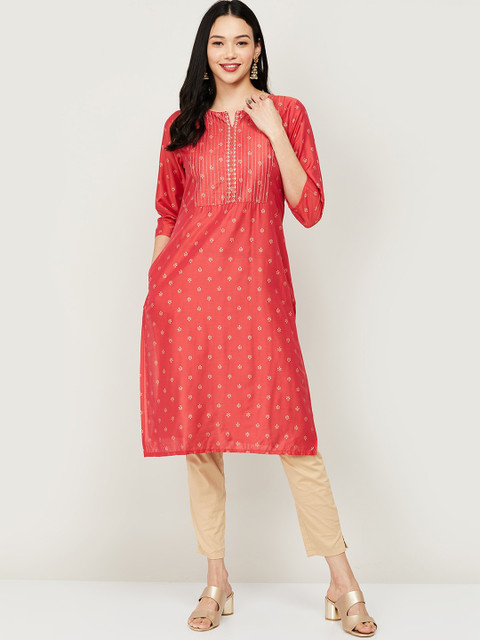 

Melange by Lifestyle Women Pink Printed Keyhole Neck Thread Work Kurta