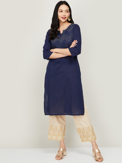 

Melange by Lifestyle Women Navy Blue Geometric Yoke Design Cotton Kurta