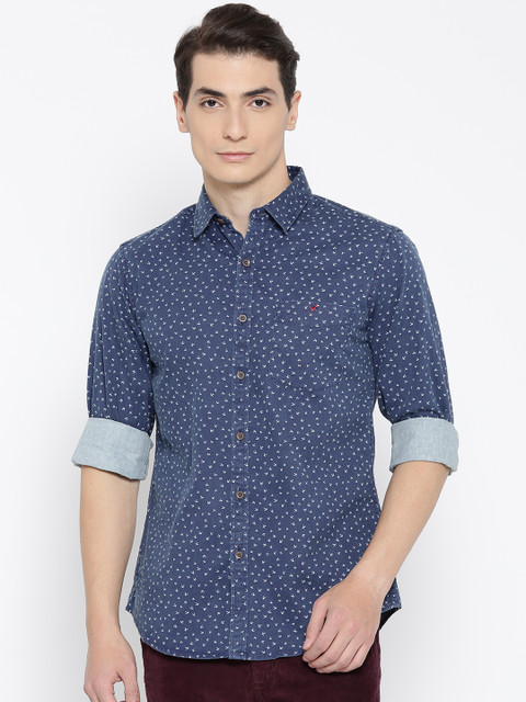 

Wills Lifestyle Men Navy Denim Slim Fit Printed Casual Shirt, Navy blue