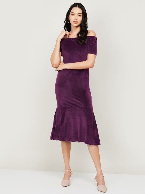 

CODE by Lifestyle Purple Striped Off-Shoulder Drop-Waist Midi Dress