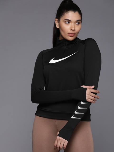 

Nike Women Black Logo Printed Dri-FIT SWOOSH Running Sweatshirt
