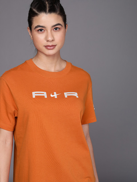 

Nike Women Orange Printed Oversized Fit Drop-Shoulder AIR Pure Cotton T-shirt