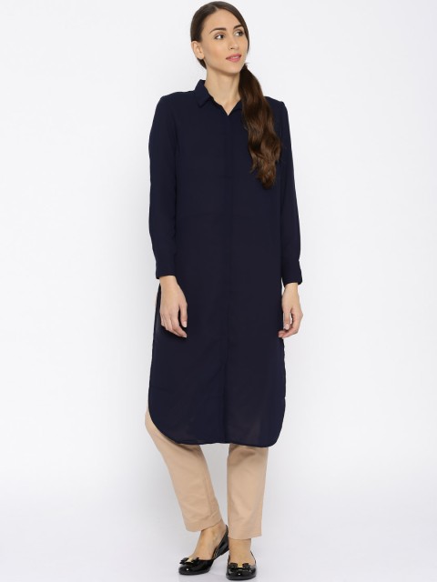 

ONLY Women Navy Embroidered Casual Longline Shirt, Navy blue