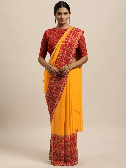 

KALINI Mustard & Red Bandhani Saree