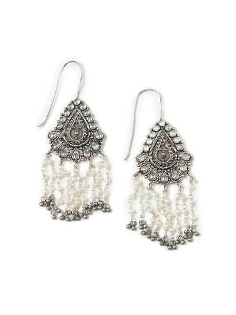 

Fabindia White Silver-Plated Oxidised Sterling Silver Teardrop Shaped Drop Earrings