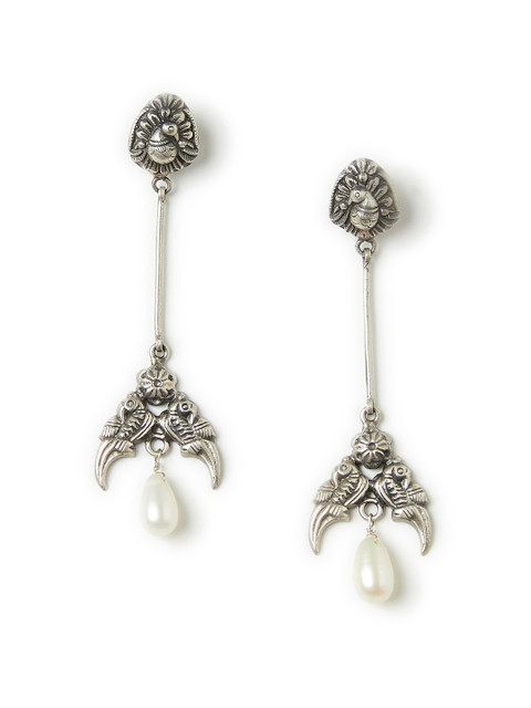 

Fabindia White Oxidized Silver-Plated Handcrafted Classic Drop Earrings