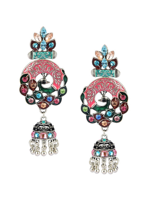 

DESI COLOUR Multicoloured Peacock Shaped Jhumkas Earrings, Multi