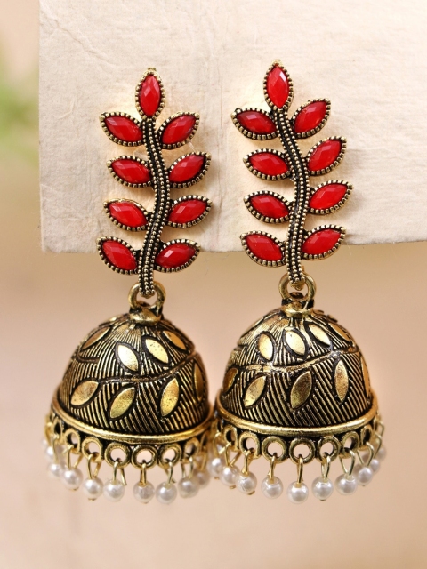 

Crunchy Fashion Red & Gold-Toned Leaf Shaped Drop Earrings