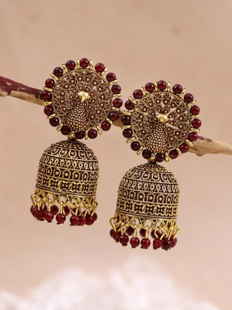 

Crunchy Fashion Maroon & Gold-Toned Peacock Shaped Jhumkas Earrings