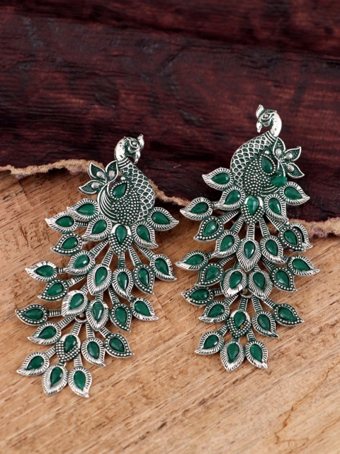 

Crunchy Fashion Woman Green Oxidized Peacock Green Dangler Earrings