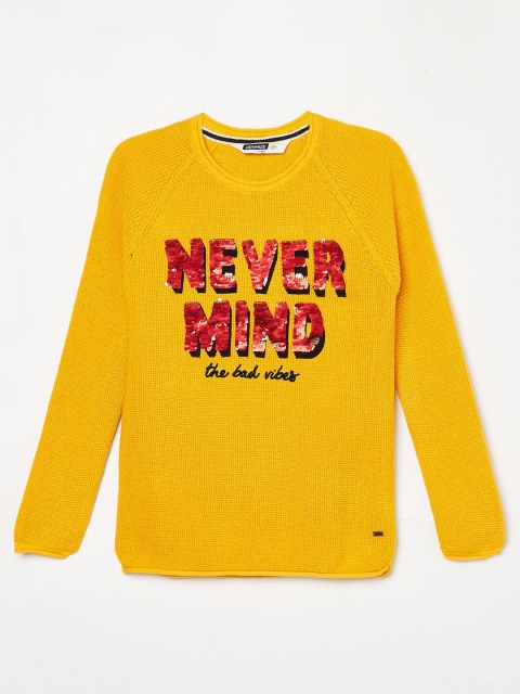 

Fame Forever by Lifestyle Girls Yellow & Red Typography Printed Pullover with Embellished Detail