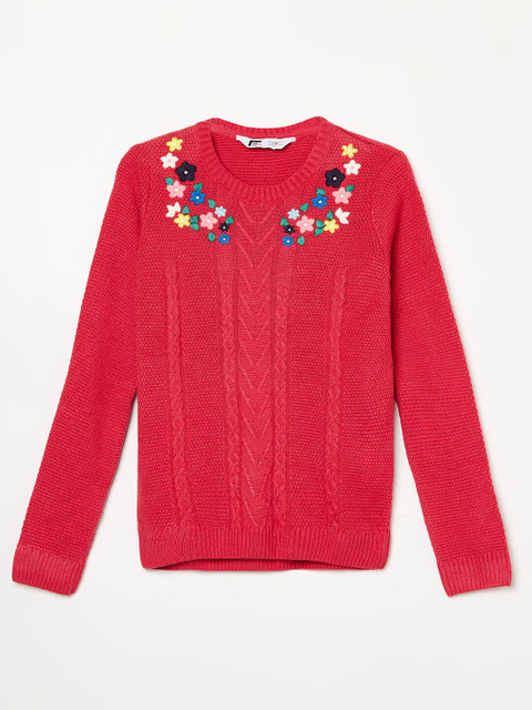 

Fame Forever by Lifestyle Girls Pink Cable Knit Acrylic Pullover with Embroidered Detail
