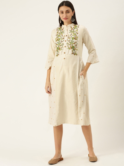 

Touch Trends Off White Mandarin Collar Embroidered Tunic