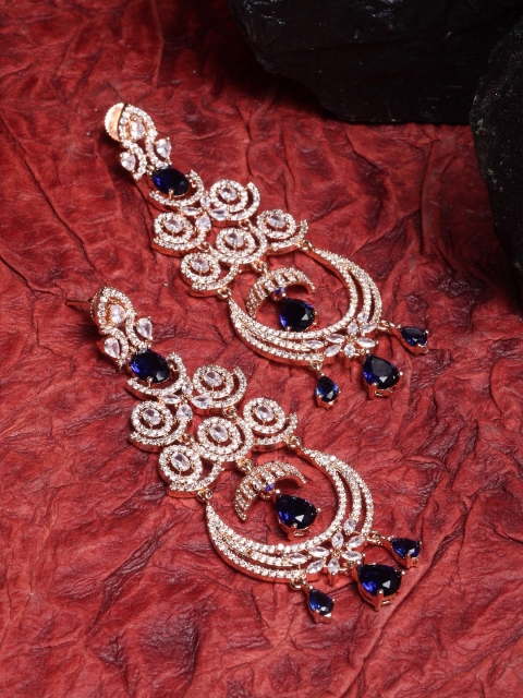 

ZENEME Blue & White Crescent Shaped American Diamond Drop Earrings