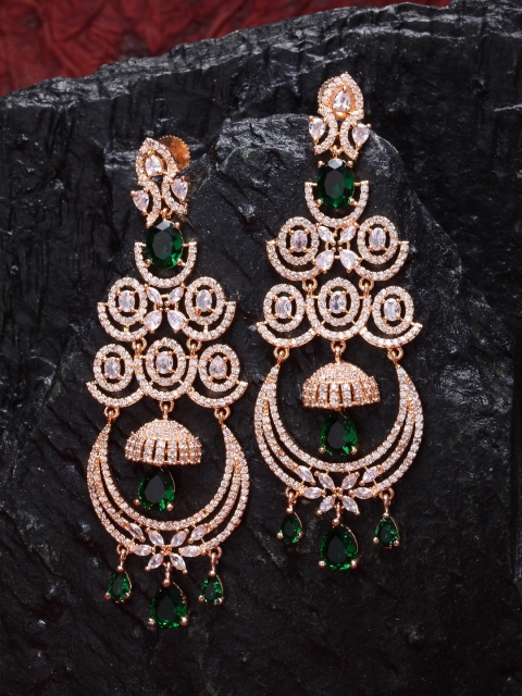 

ZENEME Rose Gold & Green American Diamond Studded Classic Drop Earrings