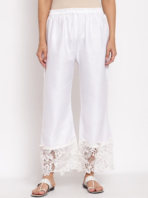 

Myshka Women White Floral Hem Design Knitted Cotton Ethnic Palazzos