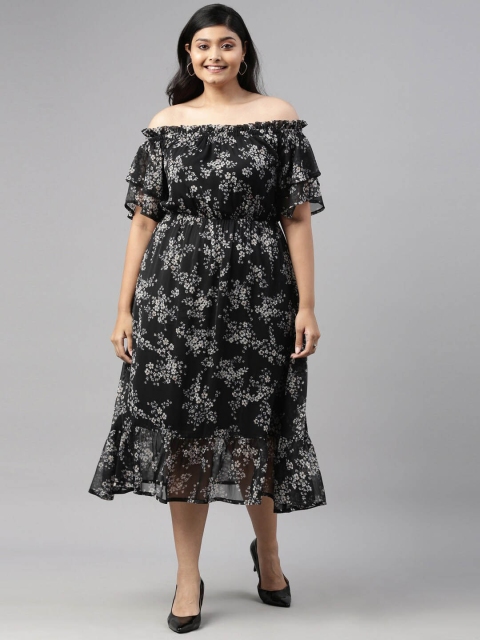 

The Pink Moon Women Black Floral Off-Shoulder Chiffon Midi Dress