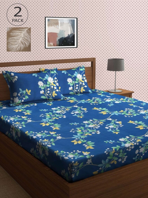 

KLOTTHE Blue & Khaki Floral 210 TC 2 King Bedsheet with 4 Pillow Covers