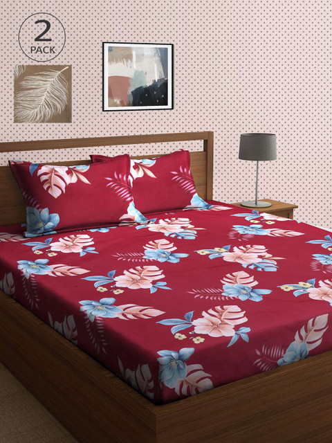 

KLOTTHE Maroon & Blue Floral 210 TC 2 King Bedsheet with 4 Pillow Covers