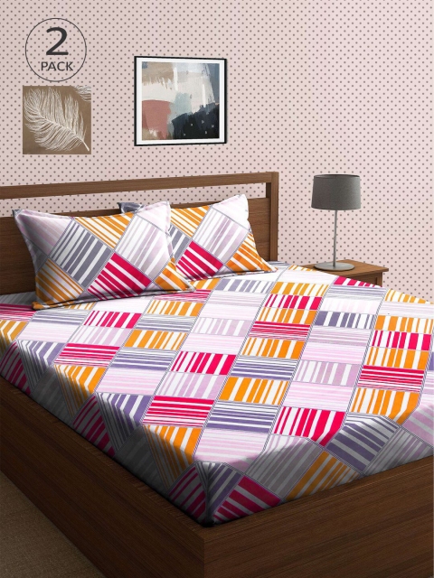 

KLOTTHE White & Khaki Geometric 210 TC 2 King Bedsheet with 4 Pillow Covers