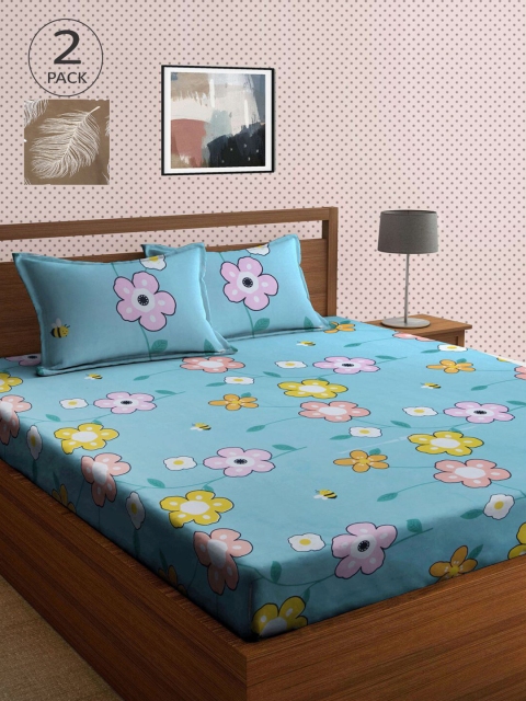 

KLOTTHE Blue & Brown Floral 210 TC 2 King Bedsheet with 4 Pillow Covers