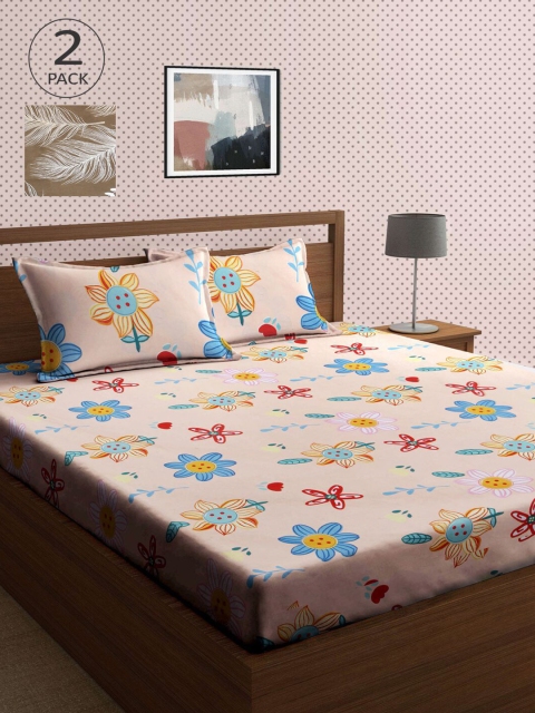 

KLOTTHE Multi Floral 210 TC 2 King Bedsheet with 4 Pillow Covers, Cream