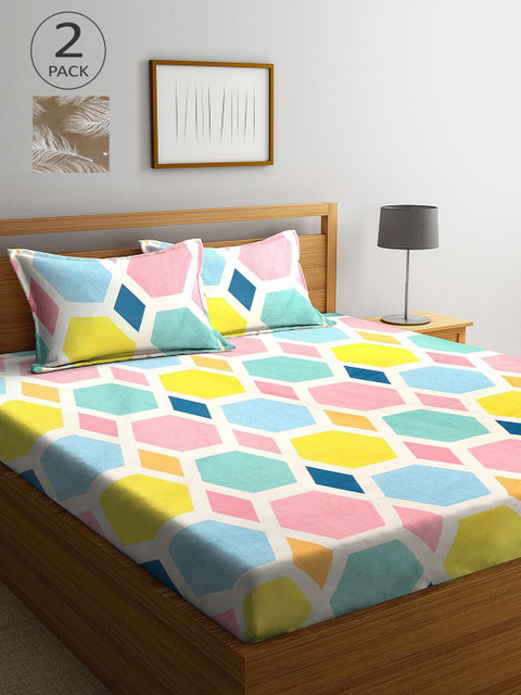 

KLOTTHE Yellow & Brown Geometric 210 TC 2 King Bedsheet with 4 Pillow Covers