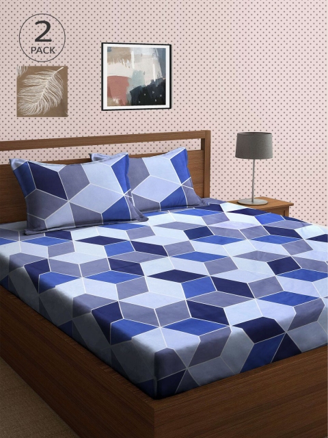 

KLOTTHE Khaki & Blue Geometric 210 TC 2 King Bedsheet with 4 Pillow Covers