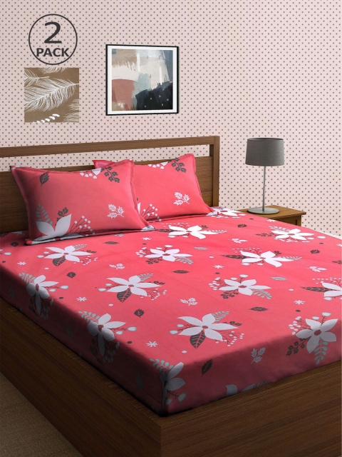 

KLOTTHE Khaki & Coral Floral 210 TC 2 King Bedsheet with 4 Pillow Covers