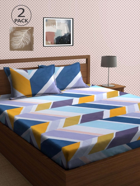 

KLOTTHE Blue & White Geometric 210 TC 2 King Bedsheet with 4 Pillow Covers