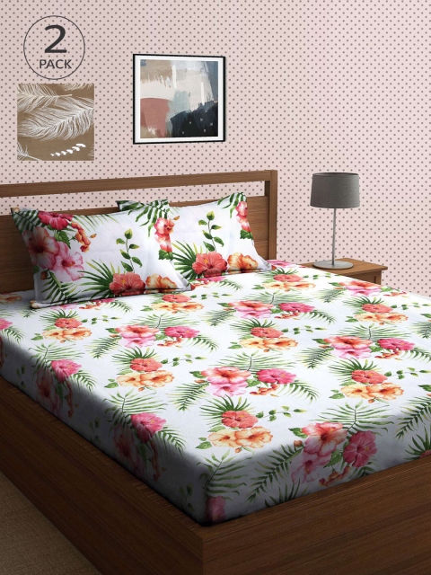 

KLOTTHE Green & White Floral 210 TC 2 King Bedsheet with 4 Pillow Covers