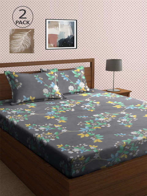 

KLOTTHE Grey & Brown Floral 210 TC 2 King Bedsheet with 4 Pillow Covers