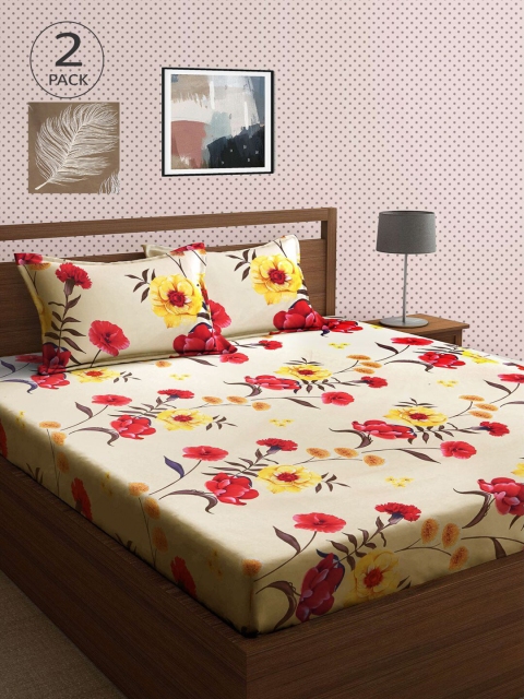

KLOTTHE Beige & Grey Floral 210 TC 2 King Bedsheet with 4 Pillow Covers