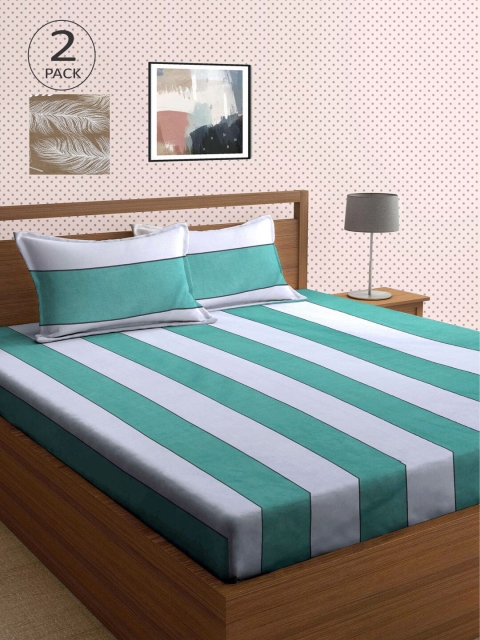 

KLOTTHE Green & Brown Striped 210 TC 2 King Bedsheet with 4 Pillow Covers