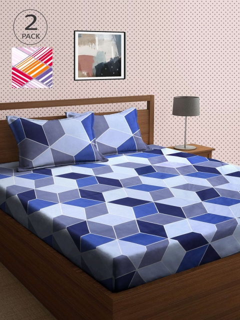 

KLOTTHE Blue & Pink Geometric 210 TC 2 King Bedsheet with 4 Pillow Covers