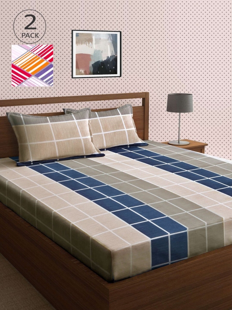 

KLOTTHE White & Grey Geometric 210 TC 2 King Bedsheet with 4 Pillow Covers