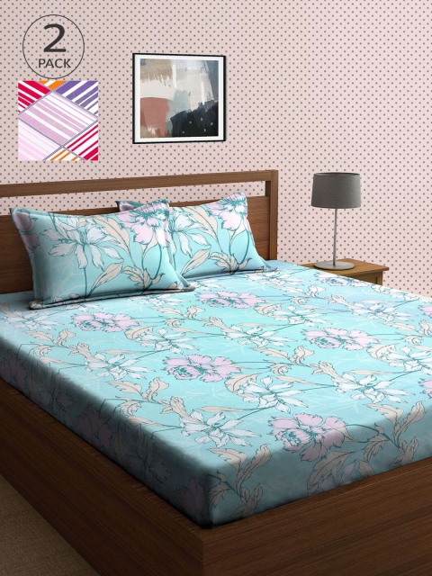 

KLOTTHE Blue & Grey Floral 210 TC 2 King Bedsheet with 4 Pillow Covers