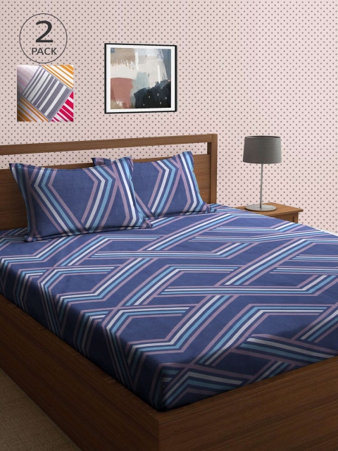 

KLOTTHE Blue & White Geometric 210 TC 2 King Bedsheet with 4 Pillow Covers