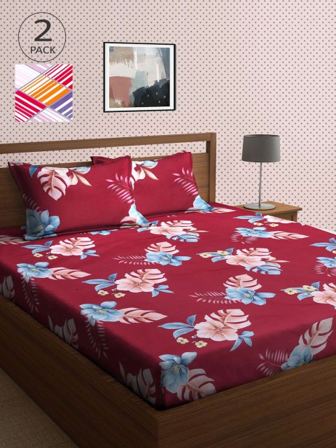 

KLOTTHE White & Red Floral 210 TC 2 King Bedsheet with 4 Pillow Covers