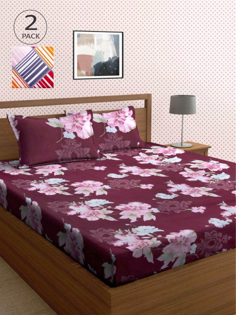 

KLOTTHE Mauve & White Floral 210 TC 2 King Bedsheet with 4 Pillow Covers