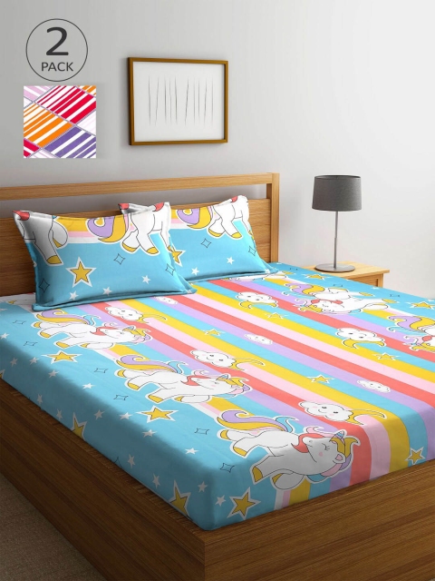 

KLOTTHE Blue & Pink Unicorn 210 TC 2 King Bedsheet with 4 Pillow Covers