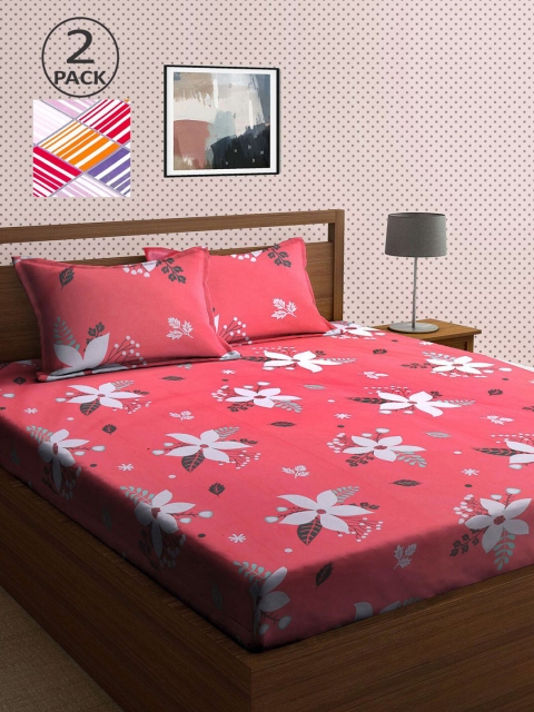 

KLOTTHE Pink & White Floral 210 TC 2 King Bedsheet with 4 Pillow Covers