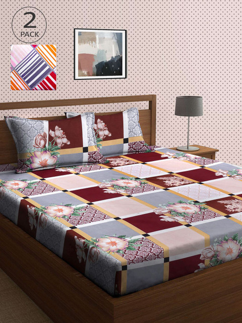 

KLOTTHE Brown & White Floral 210 TC 2 King Bedsheet with 4 Pillow Covers
