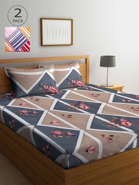 

KLOTTHE Brown & Grey Geometric 210 TC 2 King Bedsheet with 4 Pillow Covers